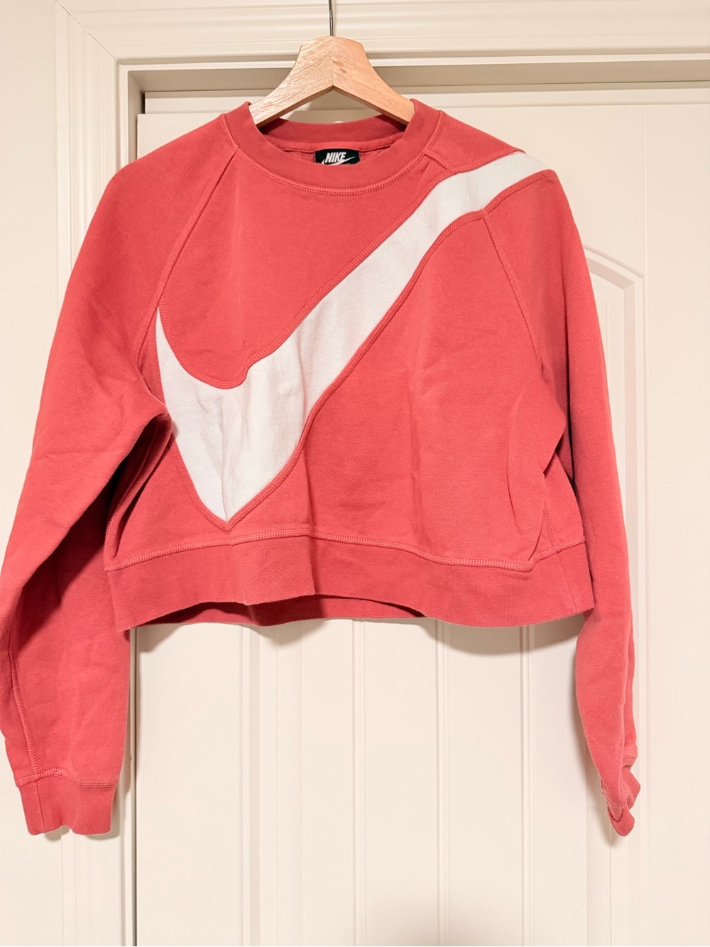 Nike Women's Coral-Pink Cropped Crewneck Sweatshirt with White Swoosh